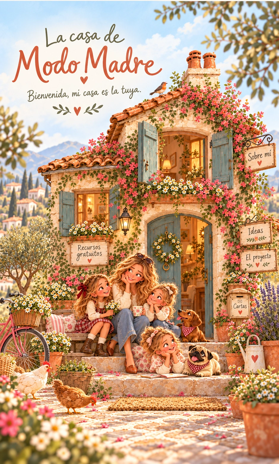La casa de Modo Madre: una casita de pueblo con flores, mamá y sus tres hijas, perros y gallinas. Mensaje: Bienvenida, mi casa es la tuya. Cada cartel abre una habitación.