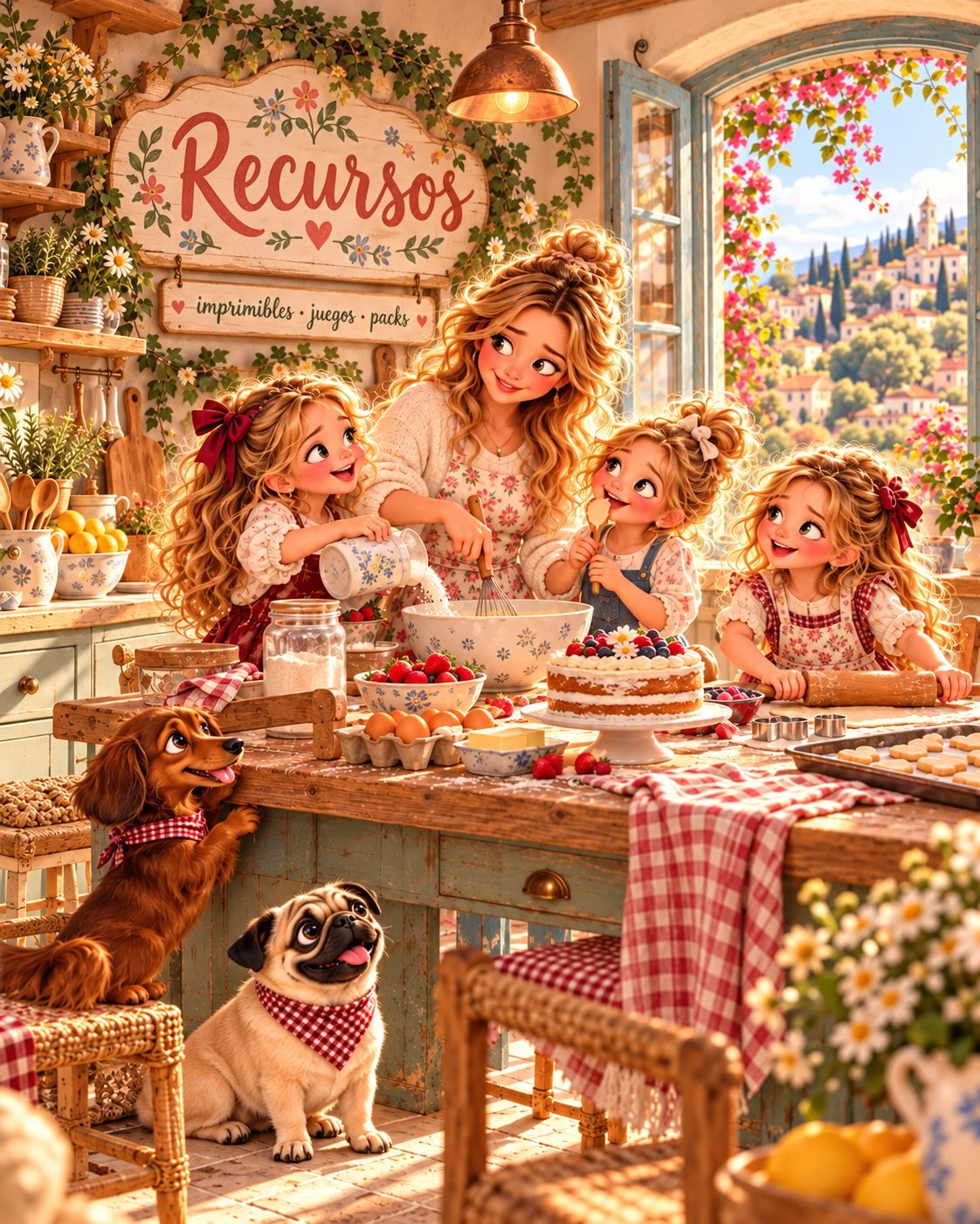 La cocina ilustrada de Recursos: mamá y sus tres niñas preparan un pastel acompañadas de un carlino y un perro salchicha, junto al letrero Recursos.