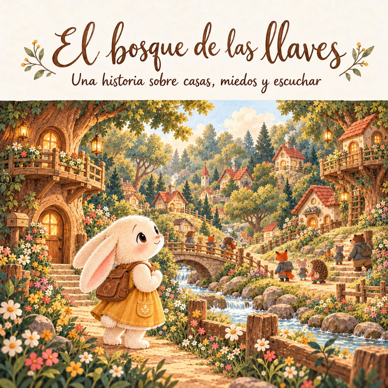 Portada de El bosque de las llaves, con Lila y el bosque lleno de casitas